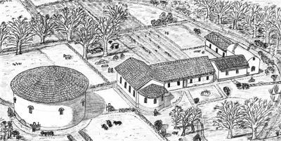 Reconstruction drawing of Holme House Roman villa, Manfield, North Yorks